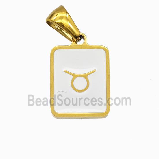 Stainless Steel Symbol Pendant Zodiac Taurus White Enamel Rectangle Gold Plated