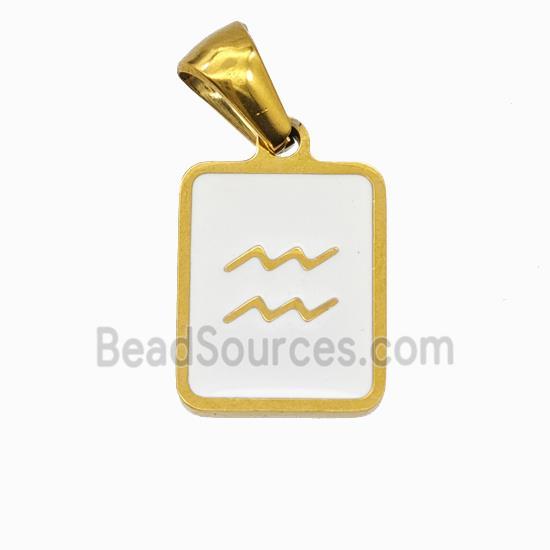 Stainless Steel Symbol Pendant Zodiac Aquarius White Enamel Rectangle Gold Plated