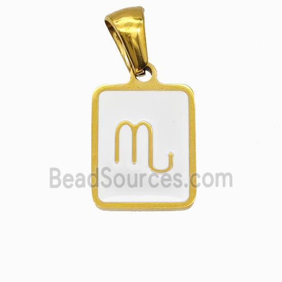 Stainless Steel Symbol Pendant Zodiac Scorpio White Enamel Rectangle Gold Plated