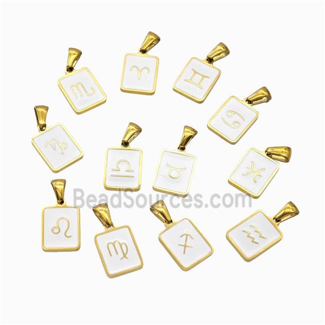 Stainless Steel Symbol Pendant Zodiac White Enamel Rectangle Gold Plated Mixed