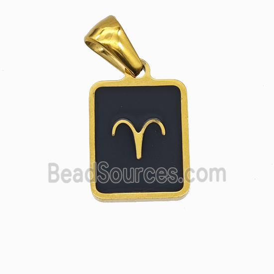 Stainless Steel Symbol Pendant Zodiac Aries Black Enamel Rectangle Gold Plated