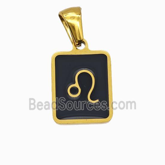 Stainless Steel Symbol Pendant Zodiac Leo Black Enamel Rectangle Gold Plated