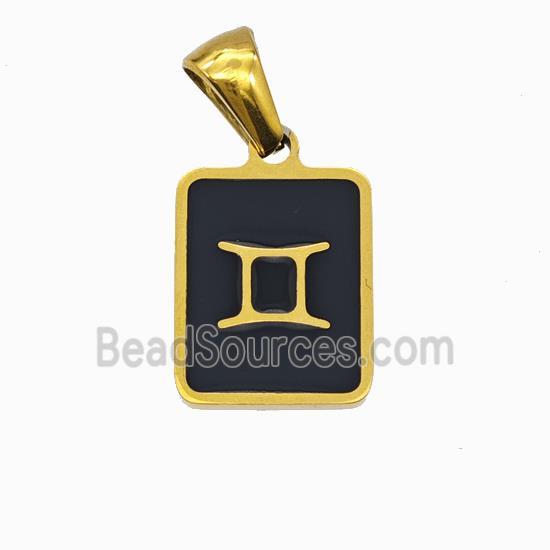 Stainless Steel Symbol Pendant Zodiac Gemini Black Enamel Rectangle Gold Plated