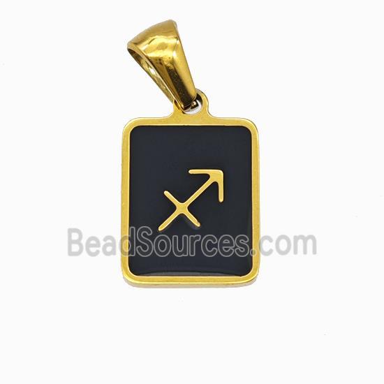 Stainless Steel Symbol Pendant Zodiac Sagittarius Black Enamel Rectangle Gold Plated