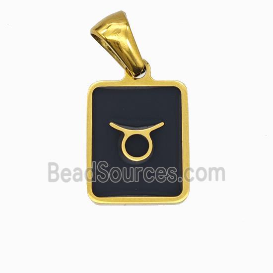 Stainless Steel Symbol Pendant Zodiac Taurus Black Enamel Rectangle Gold Plated