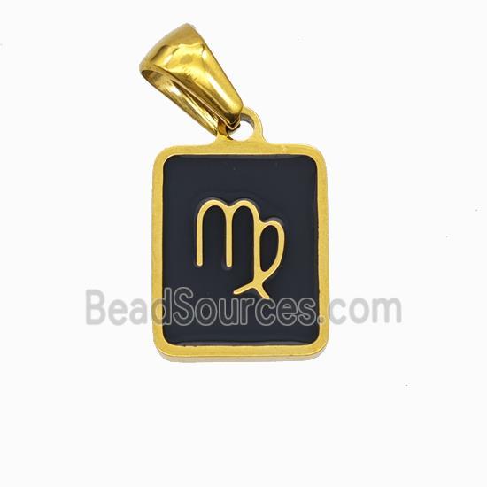 Stainless Steel Symbol Pendant Zodiac Virgo Black Enamel Rectangle Gold Plated