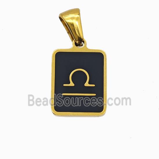 Stainless Steel Symbol Pendant Zodiac Libra Black Enamel Rectangle Gold Plated