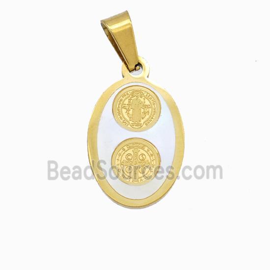 Jesus Charms Stainless Steel Oval Pendant Pave Shell Gold Plated