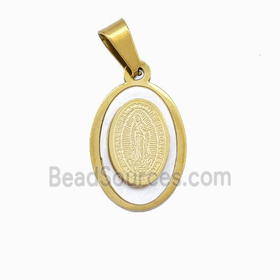 Virgin Mary Charms Stainless Steel Oval Pendant Pave Shell Gold Plated