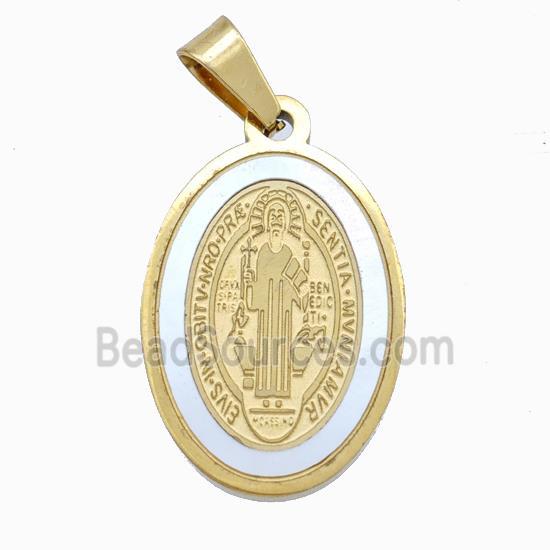 Jesus Charms Stainless Steel Oval Pendant Pave Shell Gold Plated