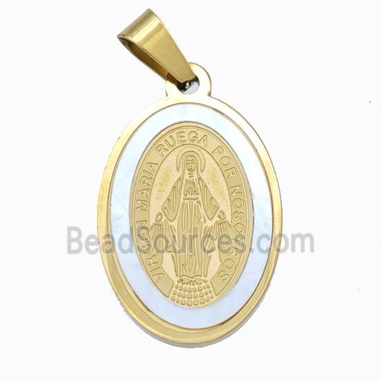 Jesus Charms Stainless Steel Oval Pendant Pave Shell Gold Plated