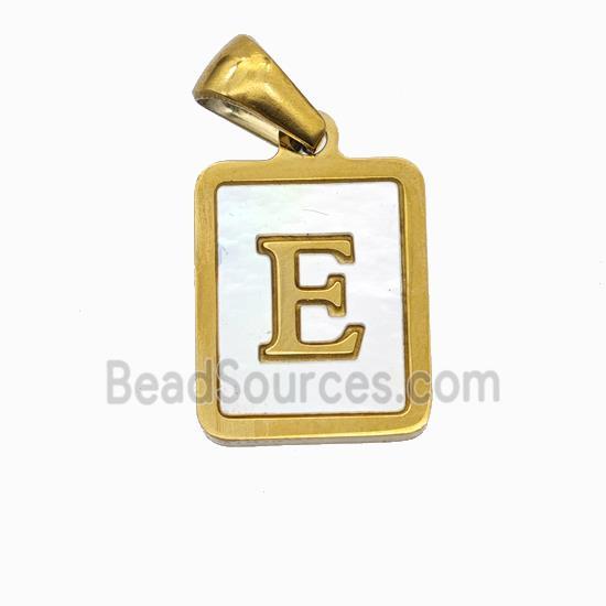 Stainless Steel Rectangle Pendant Pave Shell Letter-E Gold Plated