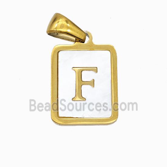 Stainless Steel Rectangle Pendant Pave Shell Letter-F Gold Plated