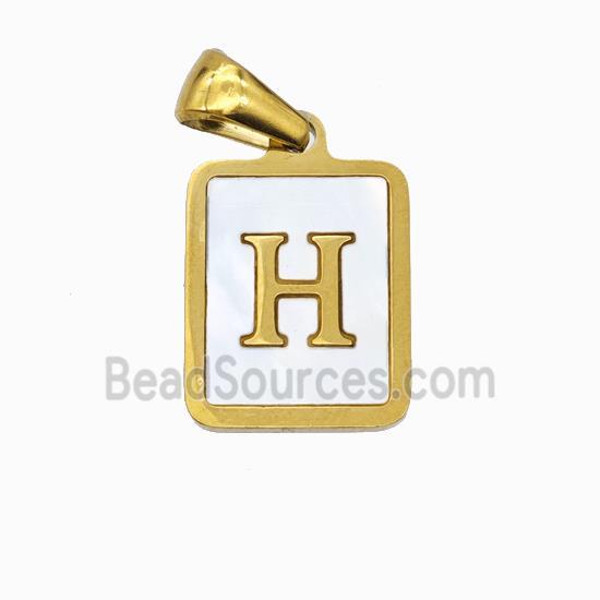 Stainless Steel Rectangle Pendant Pave Shell Letter-H Gold Plated