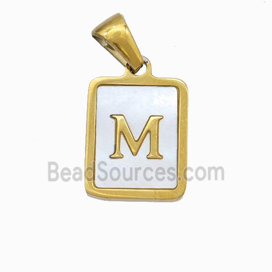 Stainless Steel Rectangle Pendant Pave Shell Letter-M Gold Plated