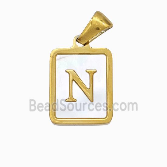 Stainless Steel Rectangle Pendant Pave Shell Letter-N Gold Plated