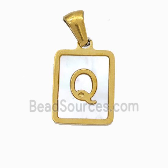 Stainless Steel Rectangle Pendant Pave Shell Letter-Q Gold Plated