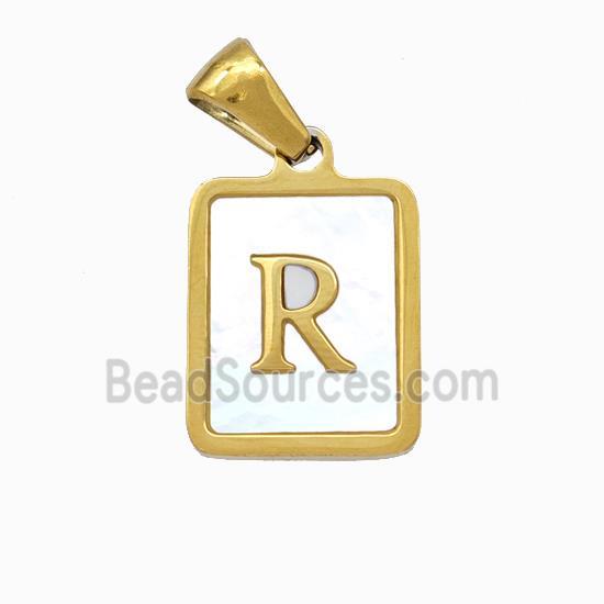 Stainless Steel Rectangle Pendant Pave Shell Letter-R Gold Plated