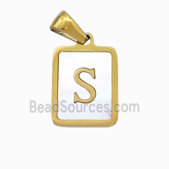 Stainless Steel Rectangle Pendant Pave Shell Letter-S Gold Plated