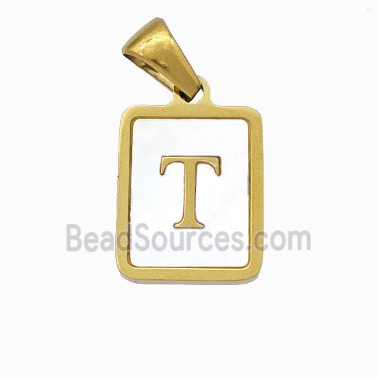 Stainless Steel Rectangle Pendant Pave Shell Letter-T Gold Plated