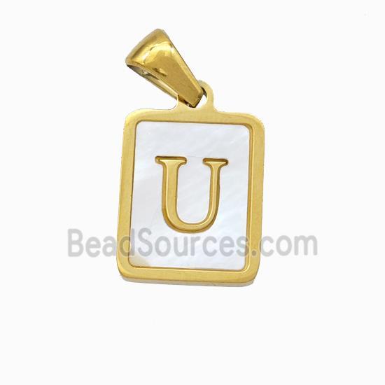 Stainless Steel Rectangle Pendant Pave Shell Letter-U Gold Plated