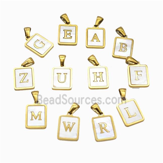 Stainless Steel Rectangle Alphabet Pendant Pave Shell Gold Plated Mix Letters