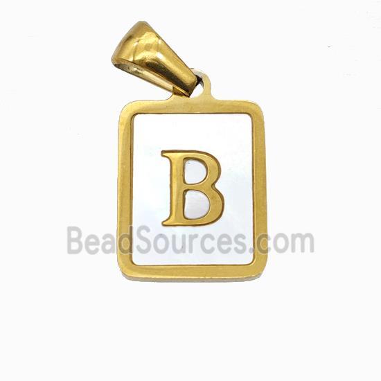 Stainless Steel Rectangle Pendant Pave Pink Shell Letter-B Gold Plated