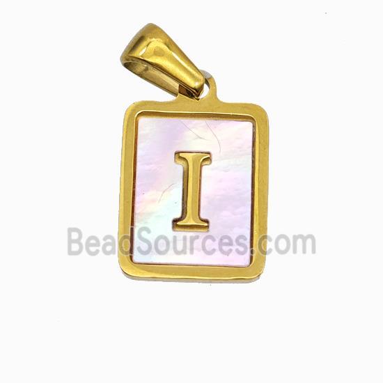 Stainless Steel Rectangle Pendant Pave Pink Shell Letter-I Gold Plated