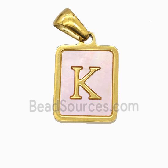 Stainless Steel Rectangle Pendant Pave Pink Shell Letter-K Gold Plated