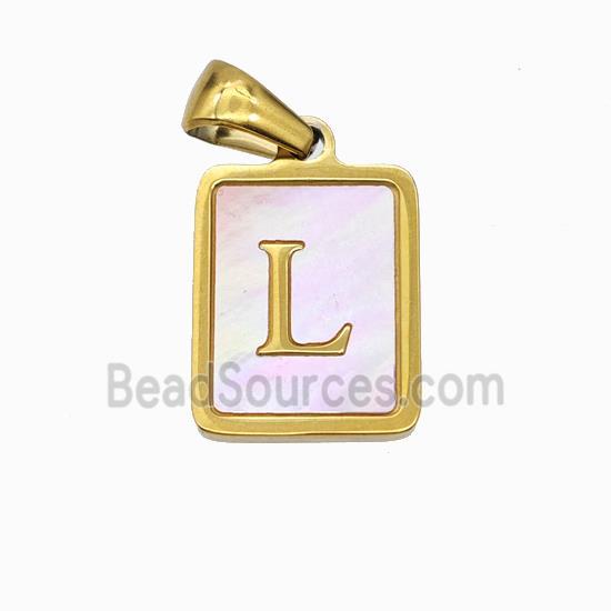 Stainless Steel Rectangle Pendant Pave Pink Shell Letter-L Gold Plated