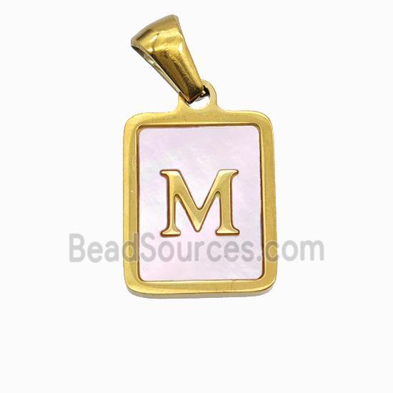 Stainless Steel Rectangle Pendant Pave Pink Shell Letter-M Gold Plated