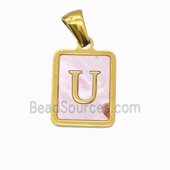 Stainless Steel Rectangle Pendant Pave Pink Shell Letter-U Gold Plated