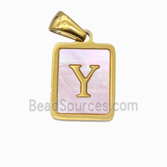 Stainless Steel Rectangle Pendant Pave Pink Shell Letter-Y Gold Plated