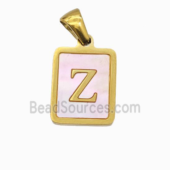 Stainless Steel Rectangle Pendant Pave Pink Shell Letter-Z Gold Plated