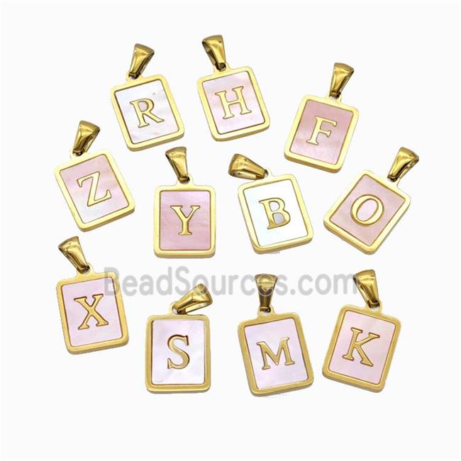 Stainless Steel Rectangle Alphabet Pendant Pave Pink Shell Mix Letters Gold Plated