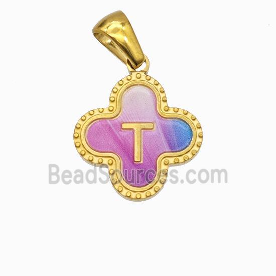 Stainless Steel Clover Pendant Letter-T Painted Gold Plated