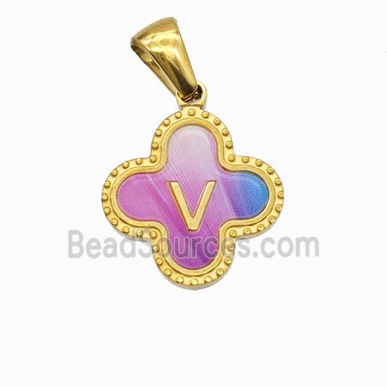 Stainless Steel Clover Pendant Letter-V Painted Gold Plated