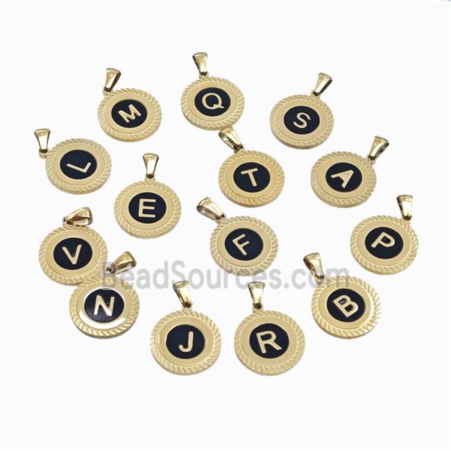 Stainless Steel Letter Pendant Black Enamel Mix Alphabet Gold Plated