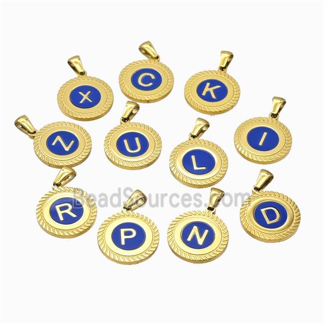 Stainless Steel Letter Pendant Blue Enamel Mix Alphabet Gold Plated