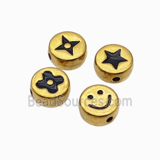 Stainless Steel Symbol Coin Beads Black Enamel Gold Plated