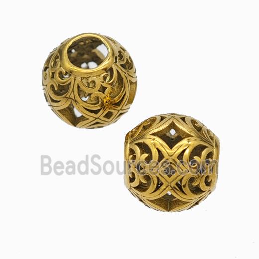 Titanium Steel Round Beads Large Hole Hollow gold plated