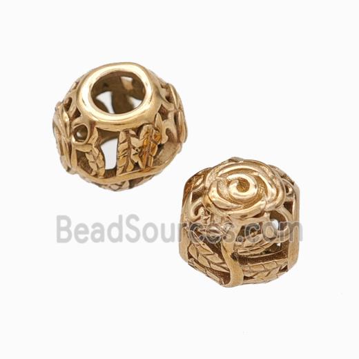 Titanium Steel Round Beads Large Hole Hollow Flower Rose Gold