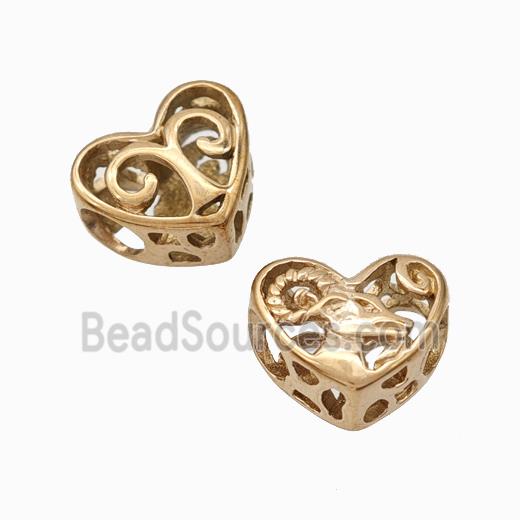 Titanium Steel heart Beads Large Hole Hollow gold plated