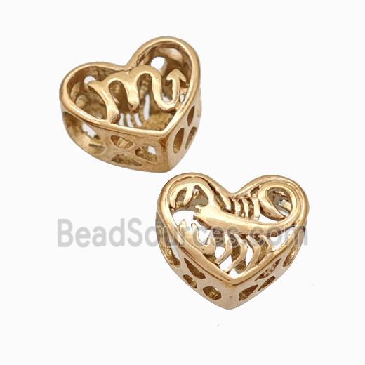 Titanium Steel heart Beads Large Hole Hollow gold plated