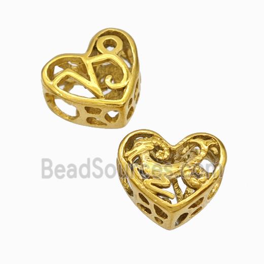 Titanium Steel heart Beads Large Hole Hollow gold plated