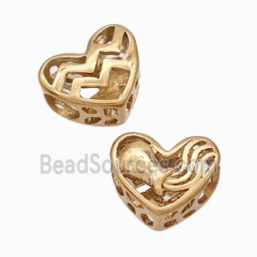 Titanium Steel heart Beads Large Hole Hollow gold plated