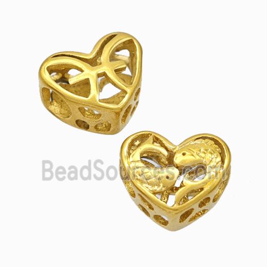 Titanium Steel heart Beads Large Hole Hollow gold plated