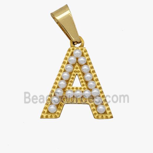 Stainless Steel letter Pendant pave Resin Pearlized Bead, Gold Plated