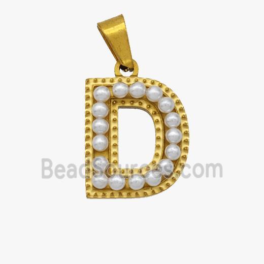 Stainless Steel letter Pendant pave Resin Pearlized Bead, Gold Plated