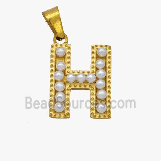 Stainless Steel letter Pendant pave Resin Pearlized Bead, Gold Plated